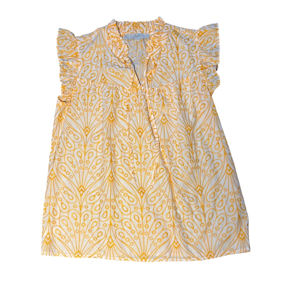 LOFT Embroidered Ruffle Top Women XXS Yellow White EUC Boho Cap Sleeve Feminine - Picture 2 of 9